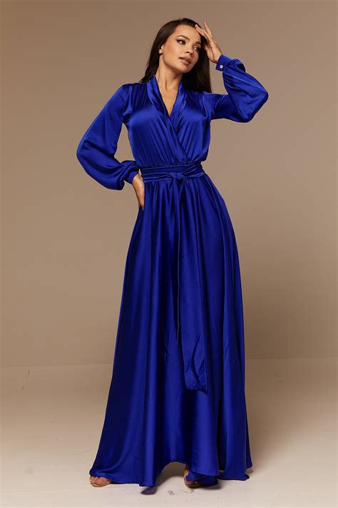 blue silk long sleeve dress.